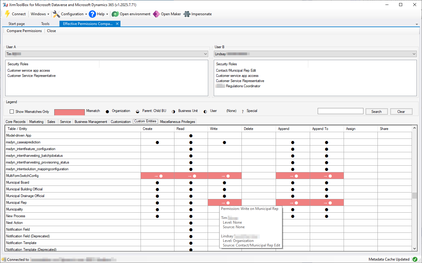 Screenshot of the Effective Permissions Comparator tool in action